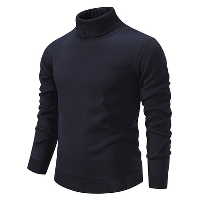 Men's Turtleneck Pullover Sweater Fashion Solid Color Fleece Lined Knitted Long-sleeved Top Clothing