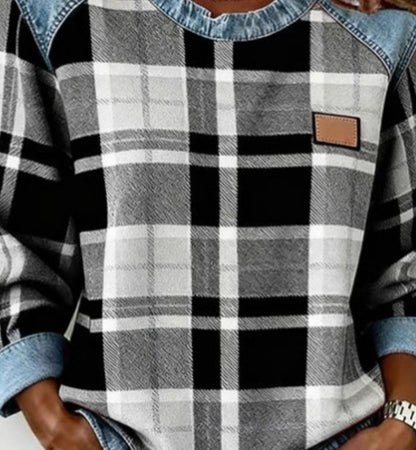 Denim Patchwork Sweatshirt Fashion Unique Crewneck Pullover Long-sleeved Shirt Top Women's Clothing