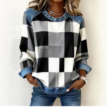 Denim Patchwork Sweatshirt Fashion Unique Crewneck Pullover Long-sleeved Shirt Top Women's Clothing
