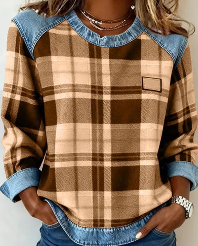 Denim Patchwork Sweatshirt Fashion Unique Crewneck Pullover Long-sleeved Shirt Top Women's Clothing