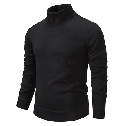 Men's Turtleneck Pullover Sweater Fashion Solid Color Fleece Lined Knitted Long-sleeved Top Clothing
