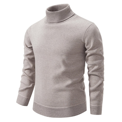 Men's Turtleneck Pullover Sweater Fashion Solid Color Fleece Lined Knitted Long-sleeved Top Clothing