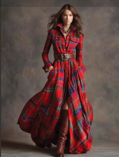 Ins Plaid Print Long-Sleeved Dress Fashion Pockets Collared Buttons Shirt Long Dresses Retro Women's Clothing