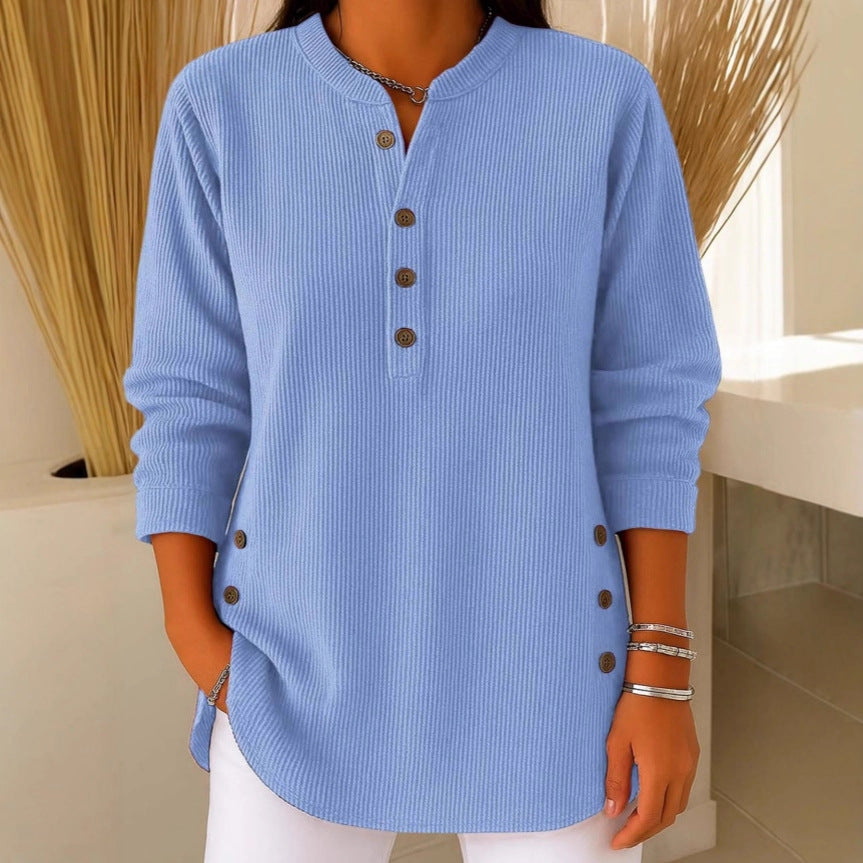 V-neck Buttons Sweater Fashion Casual Solid Color Long-sleeved Tops Women's Blouse T-shirt Clothing