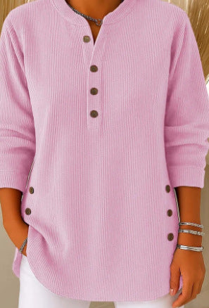 V-neck Buttons Sweater Fashion Casual Solid Color Long-sleeved Tops Women's Blouse T-shirt Clothing