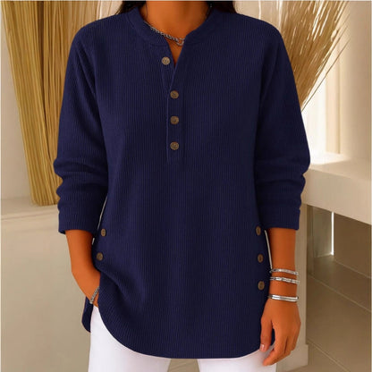V-neck Buttons Sweater Fashion Casual Solid Color Long-sleeved Tops Women's Blouse T-shirt Clothing