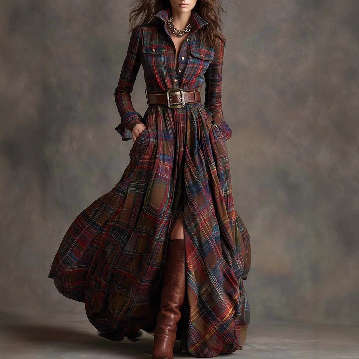 Ins Plaid Print Long-Sleeved Dress Fashion Pockets Collared Buttons Shirt Long Dresses Retro Women's Clothing
